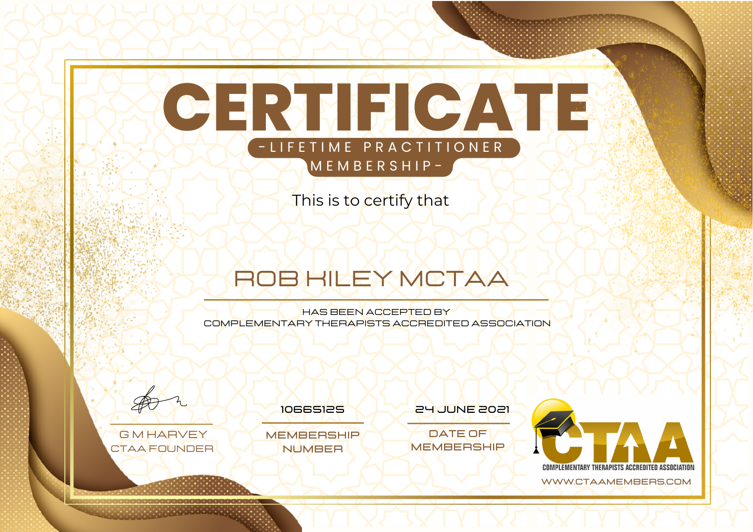 CTAA Lifetime Practitioner Membership certificate issued to Rob Kiley